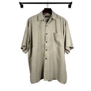 Coconut Bobs‎ 100% Silk Mens Large Hawaiian Camp Shirt Khaki Palm Tree Print